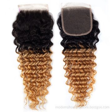 Three Tone Ombre Colored Human Hair Lace Closure, Deep Wave Curly Lace Front Closure 1B 4 27 Ombre Colored Virgin Human Hair
